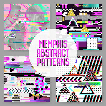 Seamless Patterns Set Glitch Design. Cyberpunk Digital Backgrounds with Geometric Gradient Elements. Abstract Composition for Fabric Fashion 80s-90s, Posters, Cover. Vector illustration