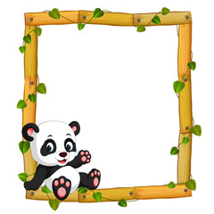 Panda on the wood frame with roots and leaf