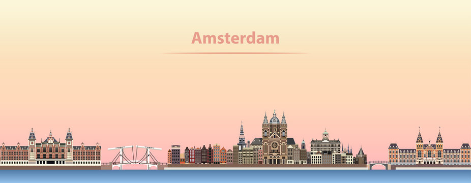 Amsterdam city skyline at sunrise vector illustration