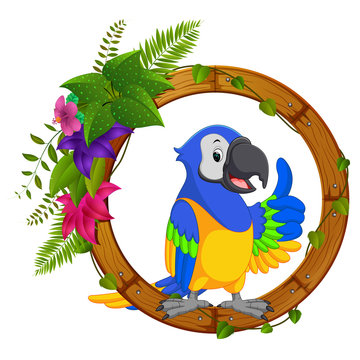 Parrot on round wood frame with flower