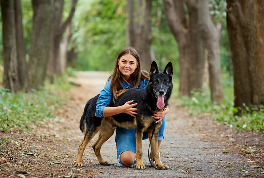 Portrait of a girl with a dog by a German shepherd in the summer.