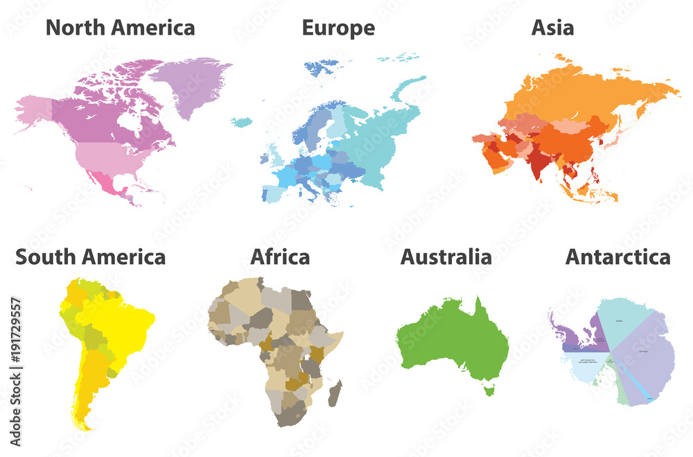 Wall mural vector set of all continents political maps isolated on white background