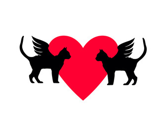 Two winged cats. Reflection. Cat vector icon.
