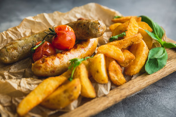 Fried sausages with fried potatoes and pickled tomato on a wooden plate. Closeup view.