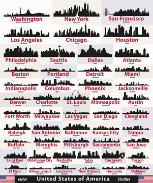 vector set of United States abstract city skylines silhouettes