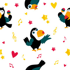 Bright pattern with funny cartoon toucans