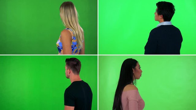 4K compilation (montage) - four people stand with backs to the camera and look around - green screen