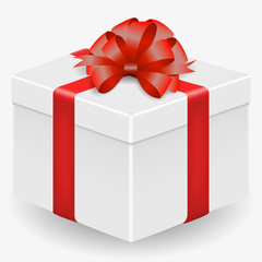 Vector image of a white, realistic, gift box with a red ribbon and a bow, isolated on a white background
