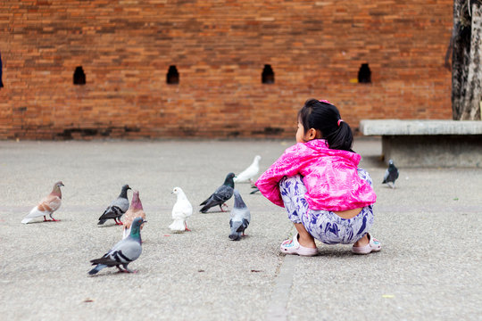 A girl  is feeding pigeons at Pratu Chiang Mai with soft-focus and over light in the background