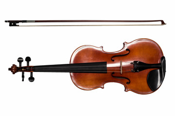 violin and bow, acoustic instruments of chamber music on white isolated background
