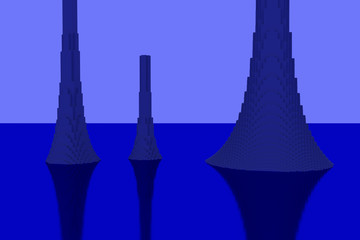 3d-Illustration einer Gebirgslandschaft, die aus hunderten von länglichen Quadern mit quadratischer Grundfläche besteht