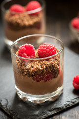 Chocolate dessert with raspberries