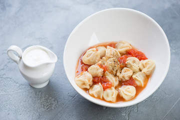 Soup with pelmeni or russian meat dumplings served in a white bowl with a jar of sour cream, grey concrete background, studio shot