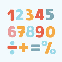 Vector illustration of colorful numbers set signs of addition, subtraction, division, multiplication.