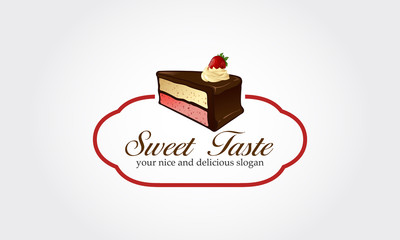 Sweet Taste Vector Logo Template. Piece of cake with flowing chocolate cream isolated Illustration. Strawberry on top of pastry, nice cartoon logo.