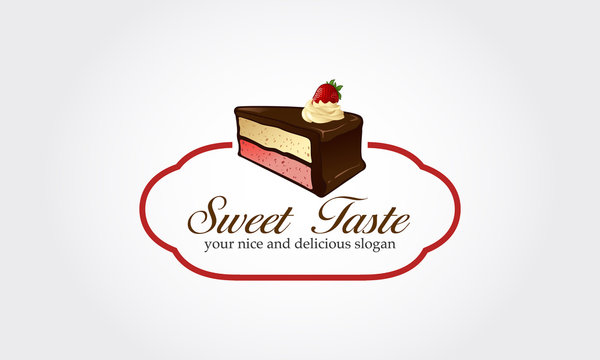 Sweet Taste Vector Logo Template. Piece Of Cake With Flowing Chocolate Cream Isolated Illustration. Strawberry On Top Of Pastry, Nice Cartoon Logo.