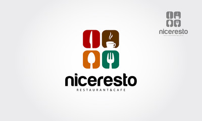 Nice Resto Restaurant Vector Logo Template. Creative food word logo elements design with spoon,knife and fork. Vector logo illustration.