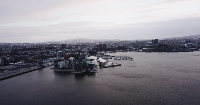 Aerial view on Aker Brygge from fjord in Oslo, Norway