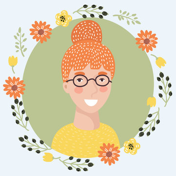 Young woman skeptic face icon. Pretty redhead girl with flush and blue eyes suspicious facial expression isolated flat vector. Female cartoon portrait illustration for women emotions concept