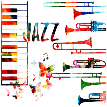 Jazz music colorful background. Jazz music festival poster. Word jazz with saxophone and piano keyboard isolated vector illustration. Music instruments vector
