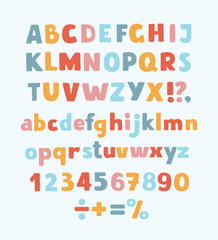 Multicolored kids Vector Font, letters, numbers and orthographic symbols
