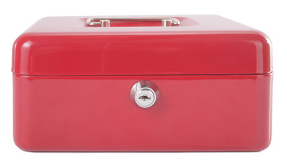 Red metal box with lock for money or jewelry with handle