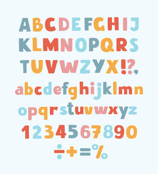 Multicolored Kids Vector Font, Letters, Numbers And Orthographic Symbols