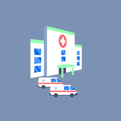 Hospital building and ambulance cars icon. Medical health emergency flat illustration