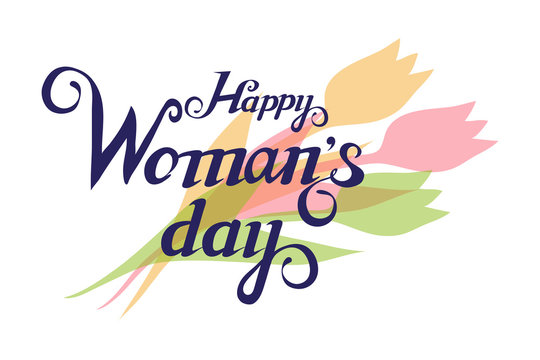 Happy Women Day Lettering. 8 March. Women's day greetings card. Beautiful young woman.