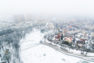 Aerial: Frozen Upper Lake in winter, Kaliningrad