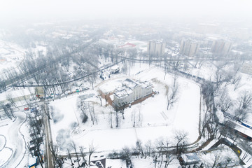 Aerial view of the public park Unost in Kaliningrad, foggy winter