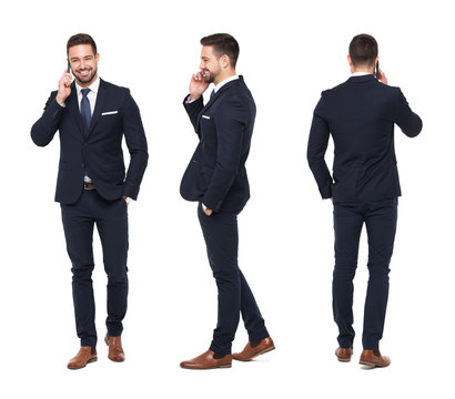 Young caucasian businessman calling front side back view isolated