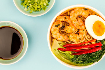 Japanese Style Prawn And Noodle Ramen Soup With Pak Choi And Chillies