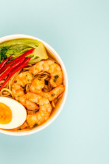 Japanese Style Prawn And Noodle Ramen Soup With Pak Choi And Chillies