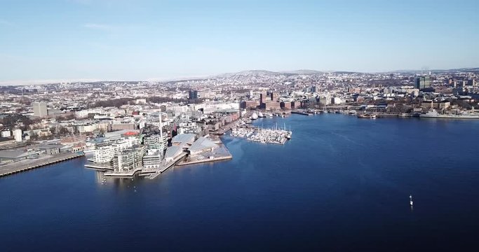 Close up aerial view on Aker Brygge and Akershus in Oslo, Norway