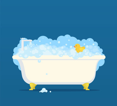 Bathtub with soap bubbles and cute duck