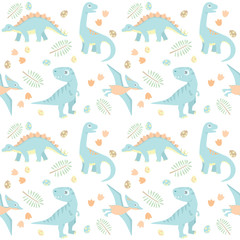 Four Little Blue Baby Dinosaur Light Colors Prehistoric Seamless Pattern Vector Illustration