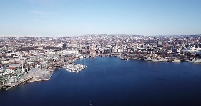 Close up aerial view on Aker Brygge and Akershus in Oslo, Norway