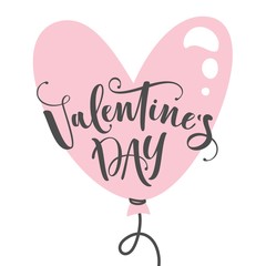 Happy Valentine's day card template with hand drawn pink heart balloon and lettering.