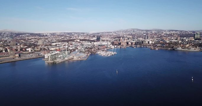 Close up aerial view on Aker Brygge and Akershus in Oslo, Norway