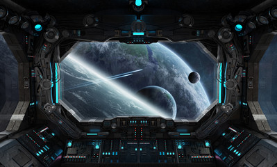 Fototapeta premium Spaceship grunge interior with view on exoplanet