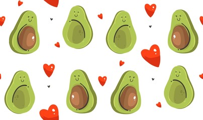 Hand drawn vector abstract modern cartoon Happy Valentines day concept illustrations seamless pattern with avocado couple and many hearts shape isolated on white background