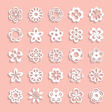 set of paper flowers with shadows on the pink background