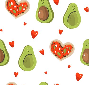 Hand drawn vector abstract modern cartoon Happy Valentines day concept illustrations seamless pattern with cute avocado couple,heart shape pizza and many hearts isolated on white background