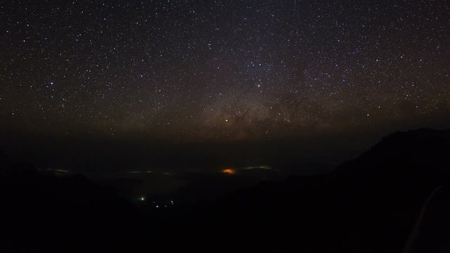 Milky way time lapse with beautiful moonrise at Phu Chi Duen National Park, Chiang Rai province, Thailand