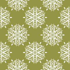 White floral seamless pattern on olive green background