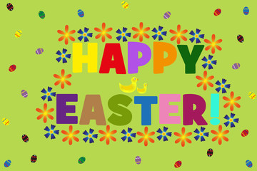 Greeting card for Easter with chickens, eggs and flowers 