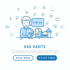 Bad habits concept: man swearing and smoking with thin line icons: abuse, alcoholism, marijuana, drugs, fast food, poker, promiscuity, tv, video games. Modern vector iilustration, web page template.
