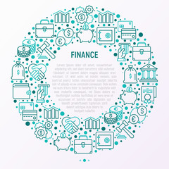 Finance concept in circle with thin line icons: safe, credit card, piggy bank, wallet, currency exchange, hammer, agreement, handshake, atm slot. Modern vector illustration for web page, print media.