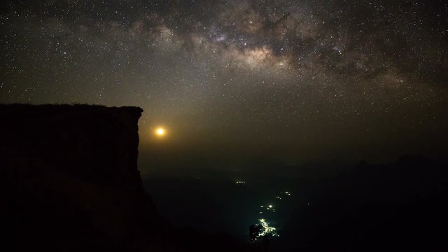 Milky way time lapse with moon rising by a mountain at Phu Chi Fah National park, Chiang Rai province, Thailand